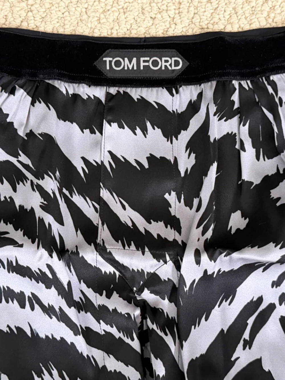 Tom Ford Gray Black Zebra Stretch Silk Logo Velvet Waistband Boxer Shorts
